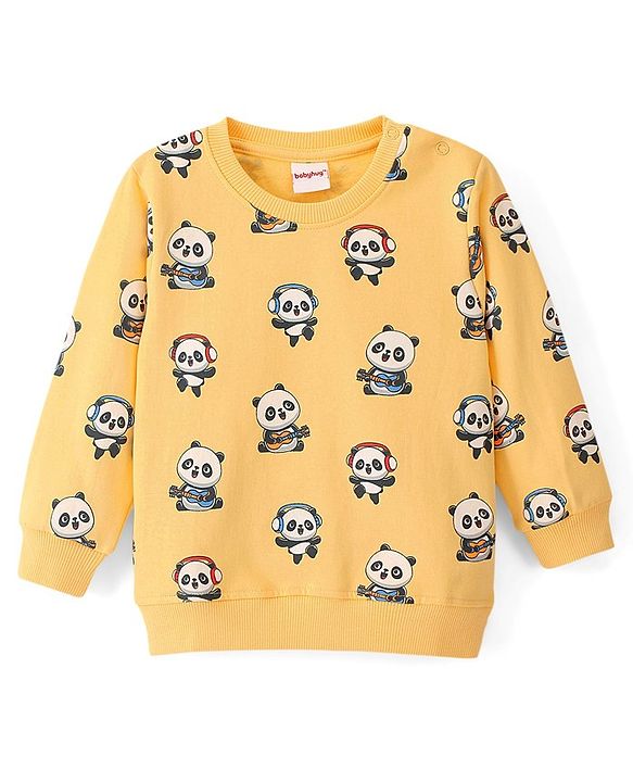 Babyhug Cotton Knit Full Sleeves Panda & Text Graphics Sweatshirts Pack of 2 - Blue & Yellow