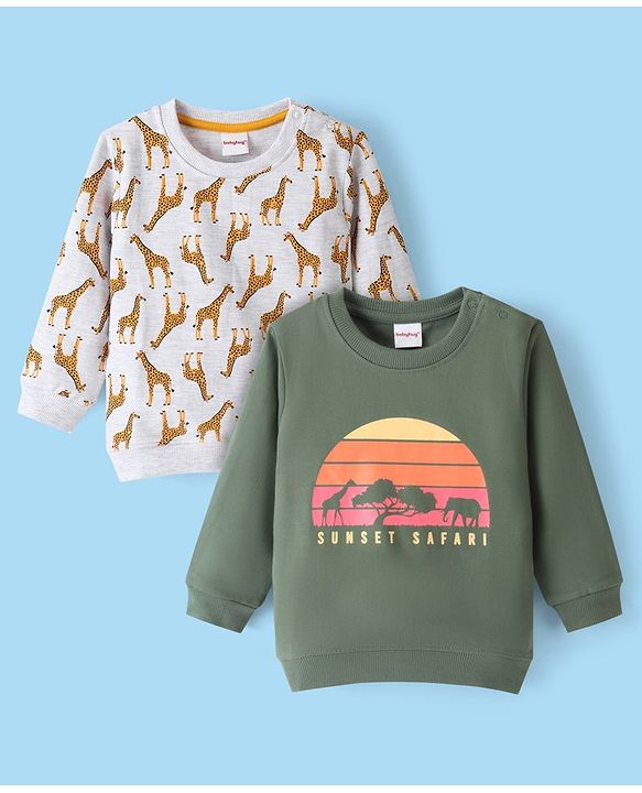 Babyhug Cotton Knit Full Sleeves Graphics Printed Sweatshirts Pack of 2 - Grey & Green