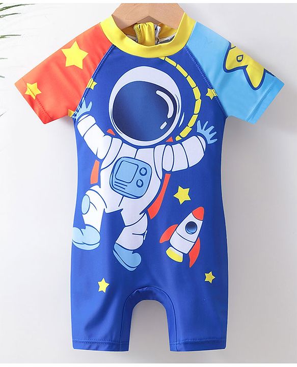 Babyhug Half Sleeves Legged Swimsuit Astronaut Print - Blue