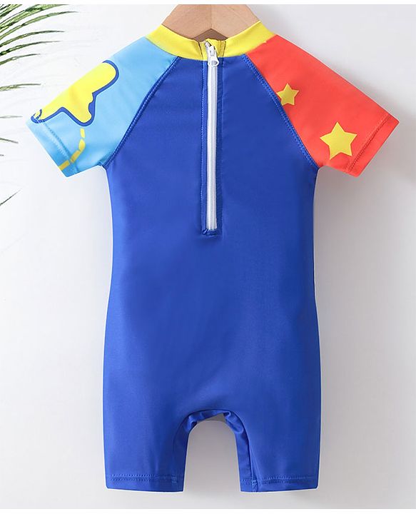 Babyhug Half Sleeves Legged Swimsuit Astronaut Print - Blue