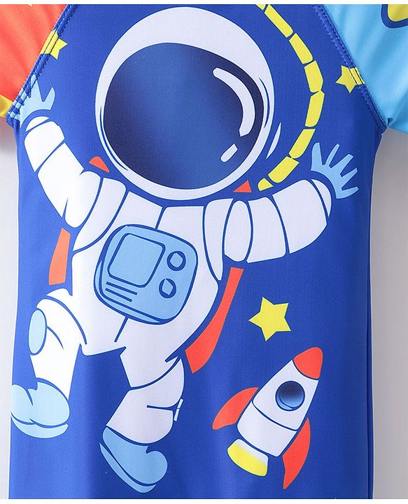 Babyhug Half Sleeves Legged Swimsuit Astronaut Print - Blue