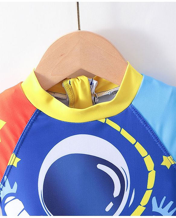 Babyhug Half Sleeves Legged Swimsuit Astronaut Print - Blue
