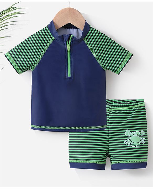 Babyhug Half Sleeves Two Piece Striped Swimsuit - Navy Blue
