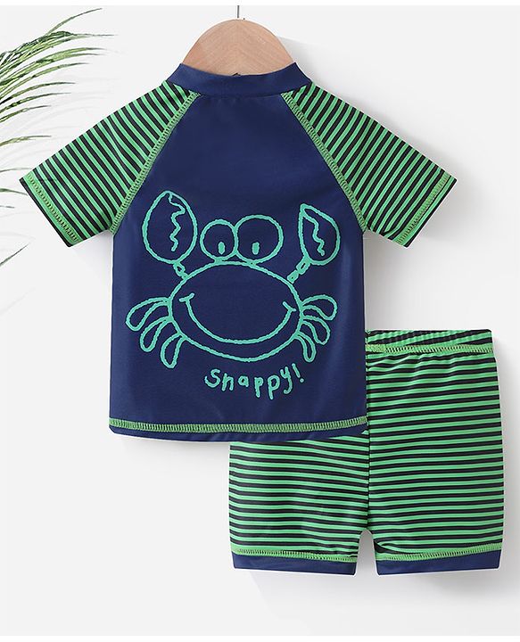 Babyhug Half Sleeves Two Piece Striped Swimsuit - Navy Blue