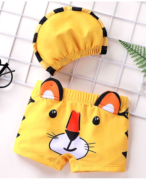 Babyhug Swimming Trunks with Cap Tiger Print - Yellow