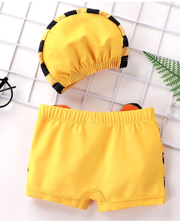Babyhug Swimming Trunks with Cap Tiger Print - Yellow