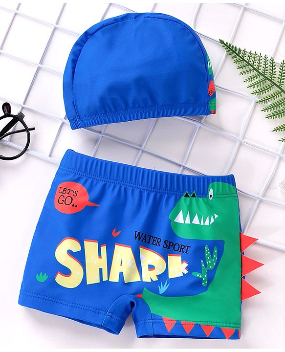 Babyhug Swimming Trunks with Cap Shark Print - Blue