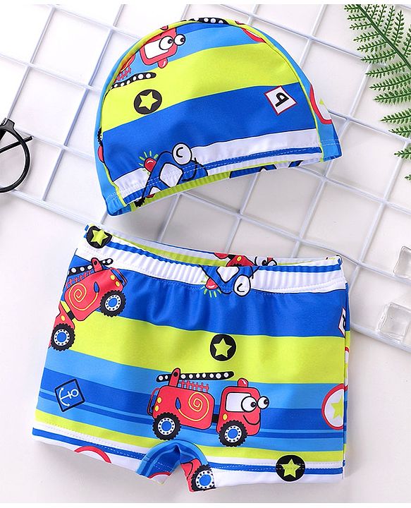 Babyhug Swimming Trunks with Cap Vehicle Print - Blue