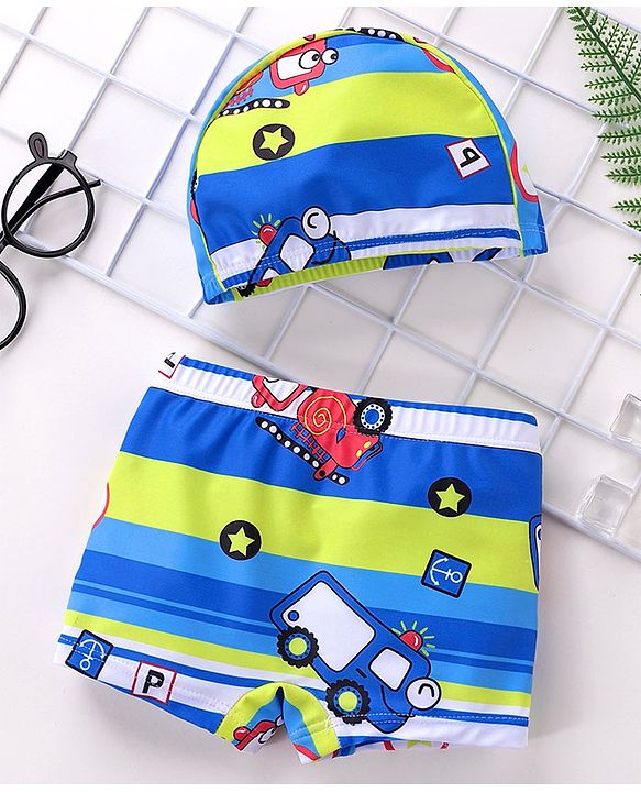Babyhug Swimming Trunks with Cap Vehicle Print - Blue