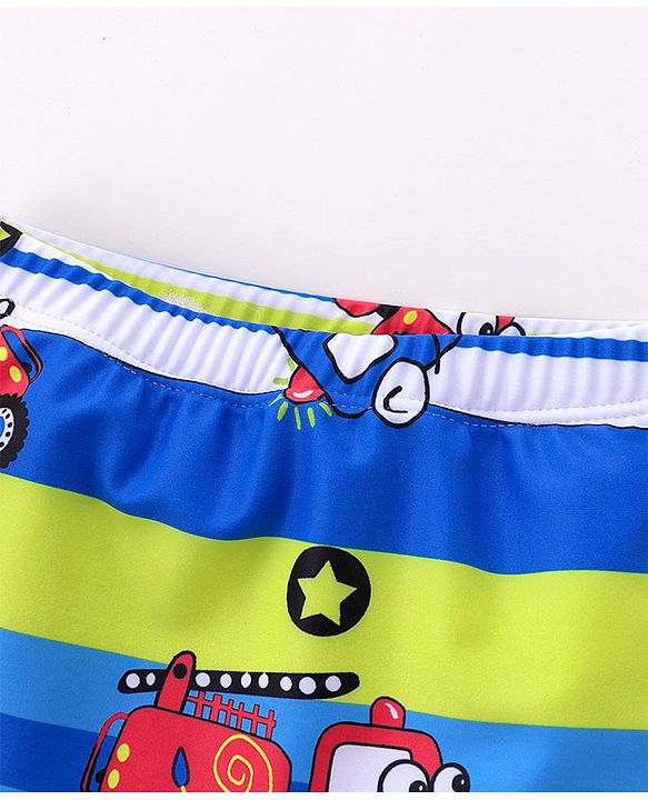 Babyhug Swimming Trunks with Cap Vehicle Print - Blue