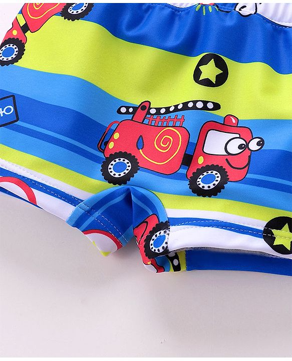 Babyhug Swimming Trunks with Cap Vehicle Print - Blue