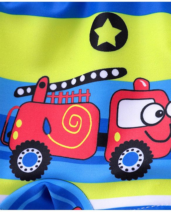 Babyhug Swimming Trunks with Cap Vehicle Print - Blue