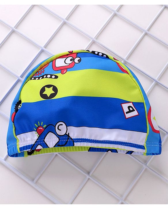 Babyhug Swimming Trunks with Cap Vehicle Print - Blue