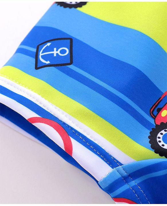 Babyhug Swimming Trunks with Cap Vehicle Print - Blue