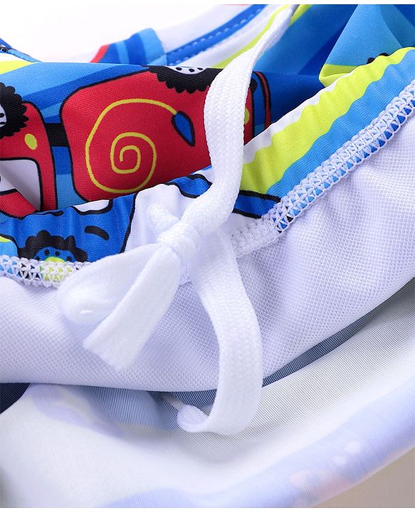 Babyhug Swimming Trunks with Cap Vehicle Print - Blue