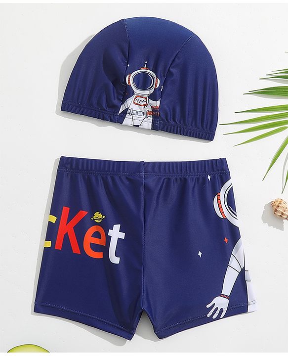 Babyhug Swimming Trunks with Cap Astronaut Print - Blue