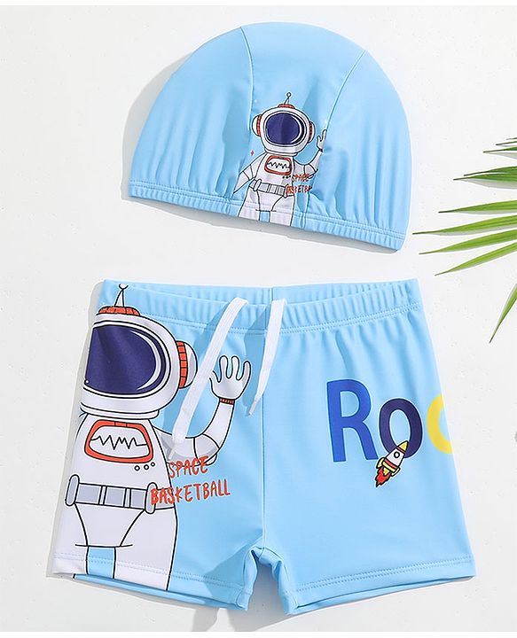 Babyhug Swimming Trunks with Cap Astronaut Print - Blue