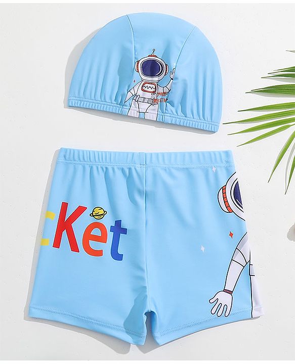 Babyhug Swimming Trunks with Cap Astronaut Print - Blue