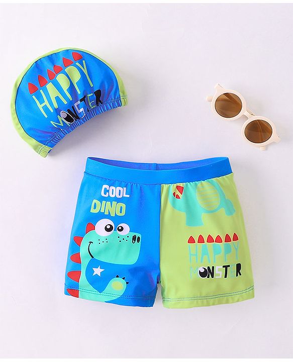 Babyhug Swimming Trunks with Cap Dino Print - Yellow & Blue