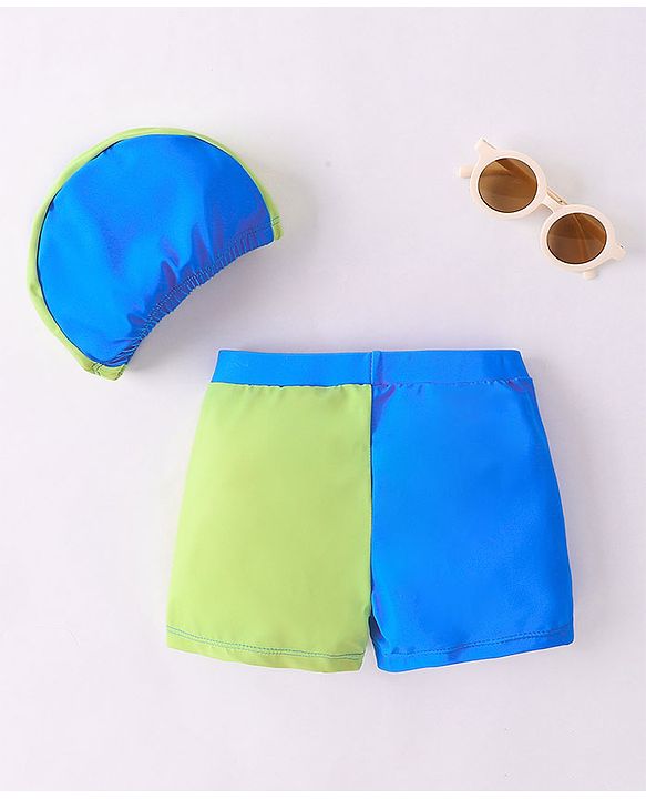 Babyhug Swimming Trunks with Cap Dino Print - Yellow & Blue