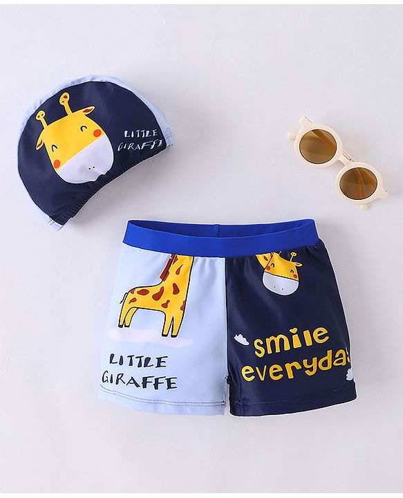 Babyhug Swimming Trunks with Cap Giraffe Print - Navy Blue