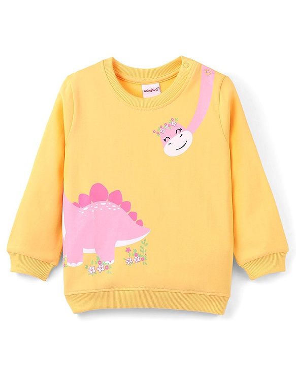 Babyhug Cotton Knit Full Sleeves Floral & Dino Graphics Sweatshirts Pack of 2 - Pink & Yellow