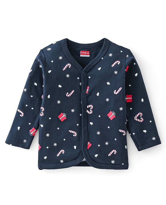 Babyhug 100% Cotton Full Sleeves Vests Striped & Christmas Theme Print Pack Of 3 - Grey Red & Blue
