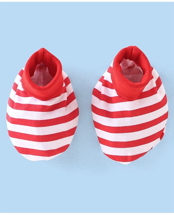 Babyhug 100% Cotton Knit Cap Mittens & Booties With Stripes - Red