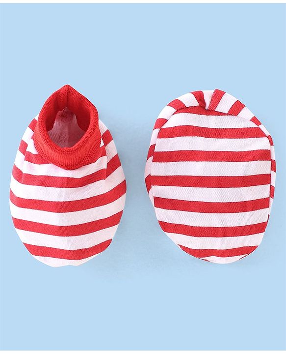 Babyhug 100% Cotton Knit Cap Mittens & Booties With Stripes - Red
