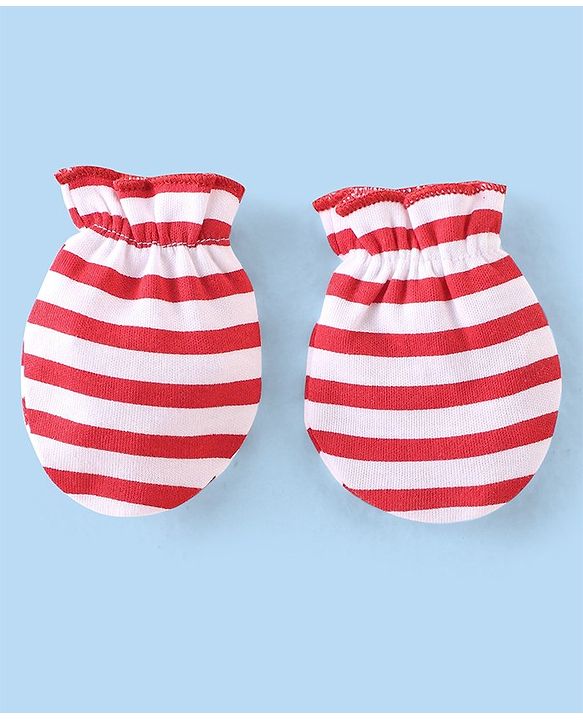 Babyhug 100% Cotton Knit Cap Mittens & Booties With Stripes - Red