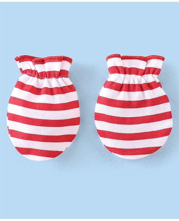 Babyhug 100% Cotton Knit Cap Mittens & Booties With Stripes - Red