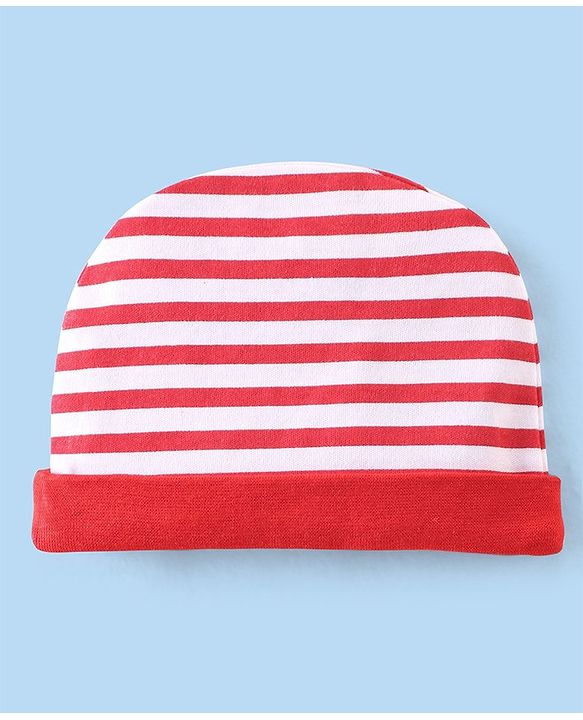 Babyhug 100% Cotton Knit Cap Mittens & Booties With Stripes - Red