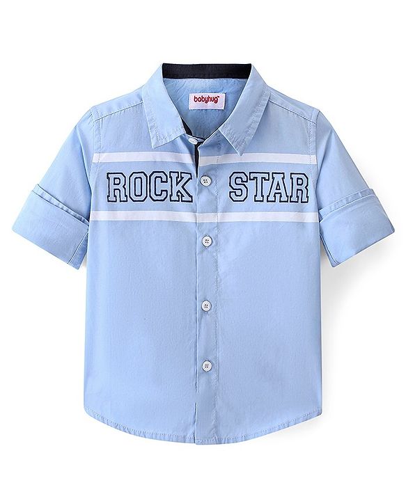 Babyhug Cotton Woven Full Sleeves Text Printed Shirt - Blue