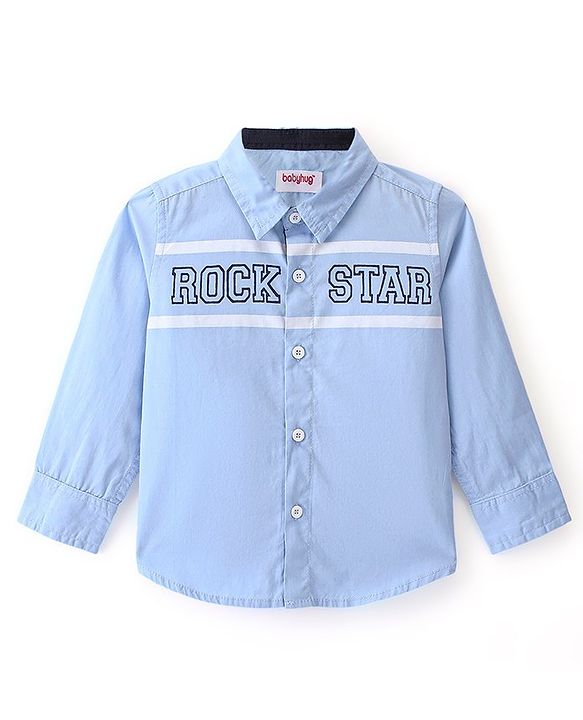 Babyhug Cotton Woven Full Sleeves Text Printed Shirt - Blue
