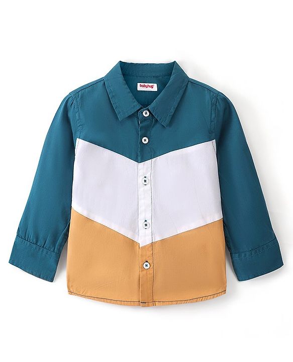 Babyhug Cotton Woven Full Sleeve Cut & Sew Shirt Solid Colour - Green White & Brown