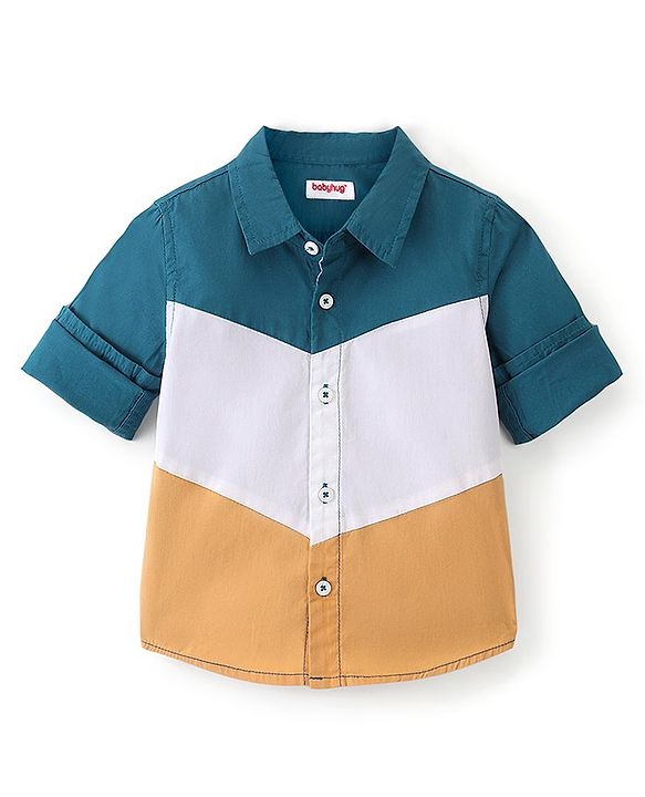 Babyhug Cotton Woven Full Sleeve Cut & Sew Shirt Solid Colour - Green White & Brown