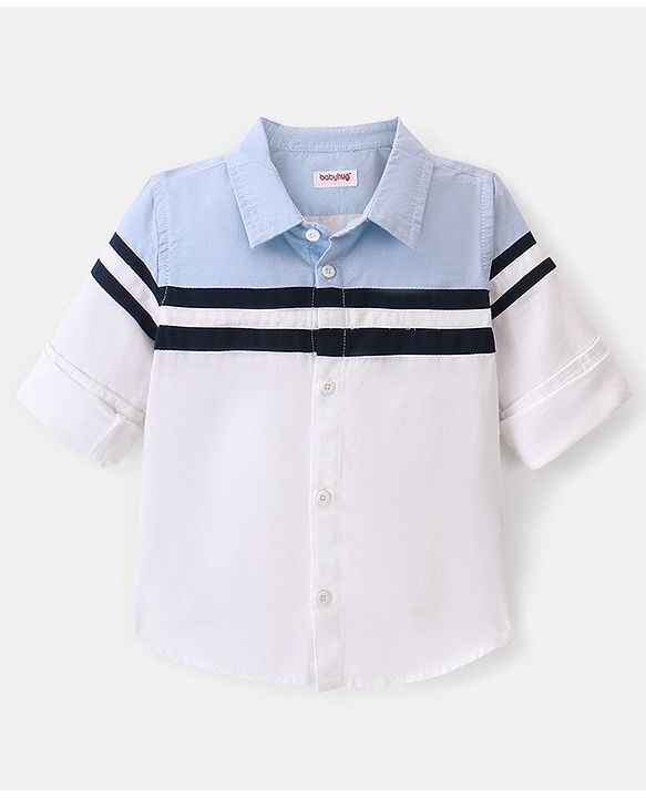 Babyhug 100% Cotton Knit Full Sleeve Shirt Solid Colour - Blue & White