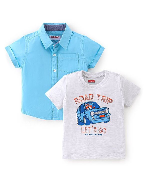 Babyhug Cotton Knit Half Sleeves Solid Shirt with Road Print T-Shirt - Blue & Grey