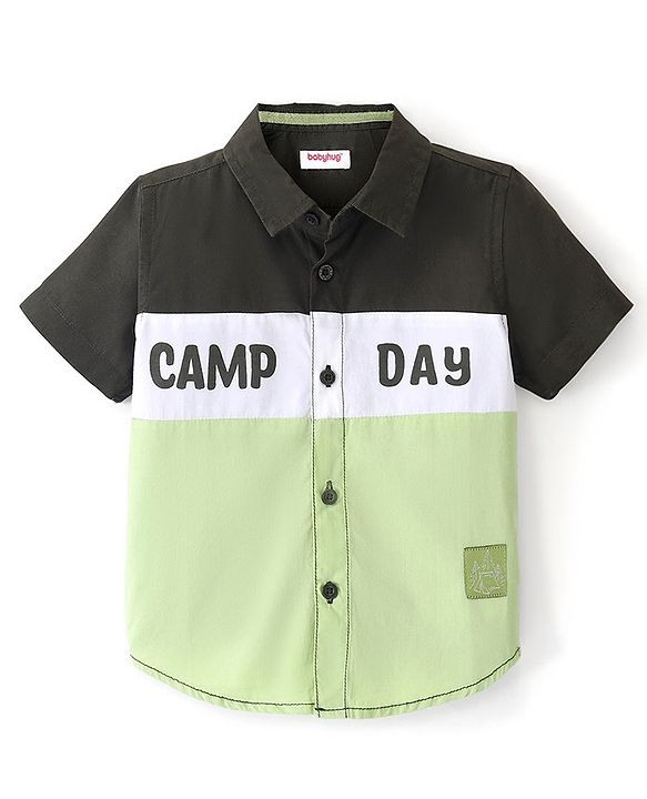 Babyhug Cotton Woven Half Sleeves Shirt Cut & Sew - White Black & Green