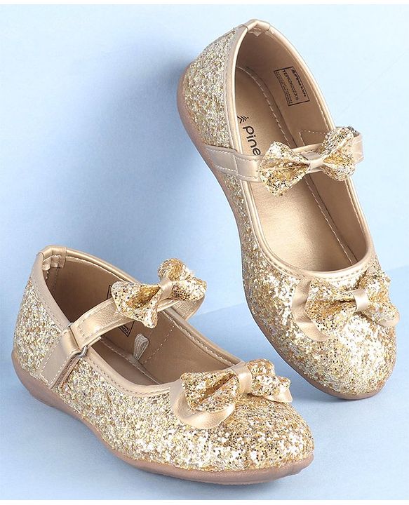 Pine Kids Ballerinas with Velcro Closure & Bow Applique- Golden