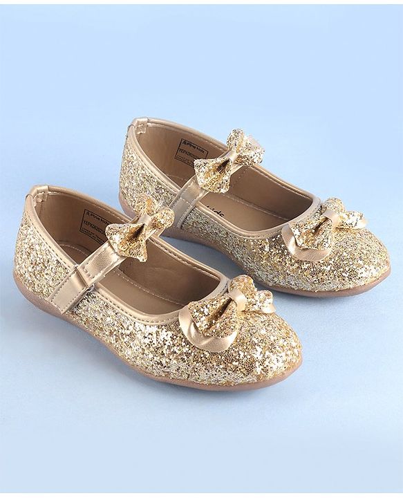 Pine Kids Ballerinas with Velcro Closure & Bow Applique- Golden