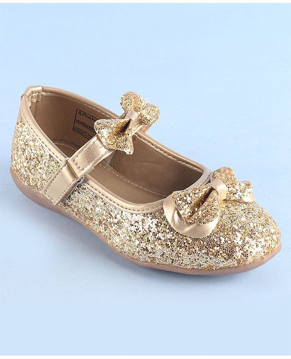 Pine Kids Ballerinas with Velcro Closure & Bow Applique- Golden