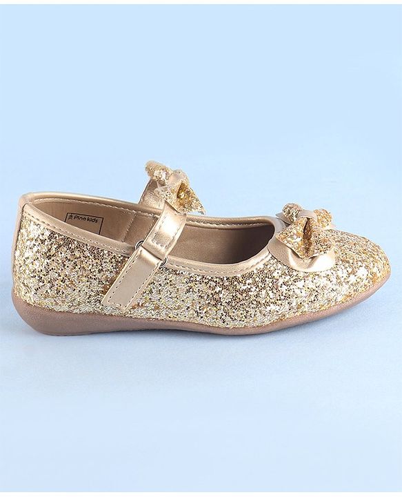 Pine Kids Ballerinas with Velcro Closure & Bow Applique- Golden