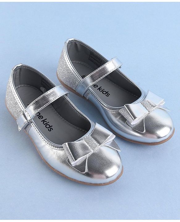 Pine Kids Ballerinas with Velcro Closure & Bow Applique - Silver