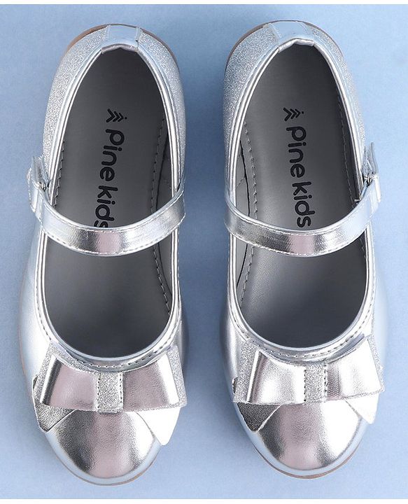 Pine Kids Ballerinas with Velcro Closure & Bow Applique - Silver