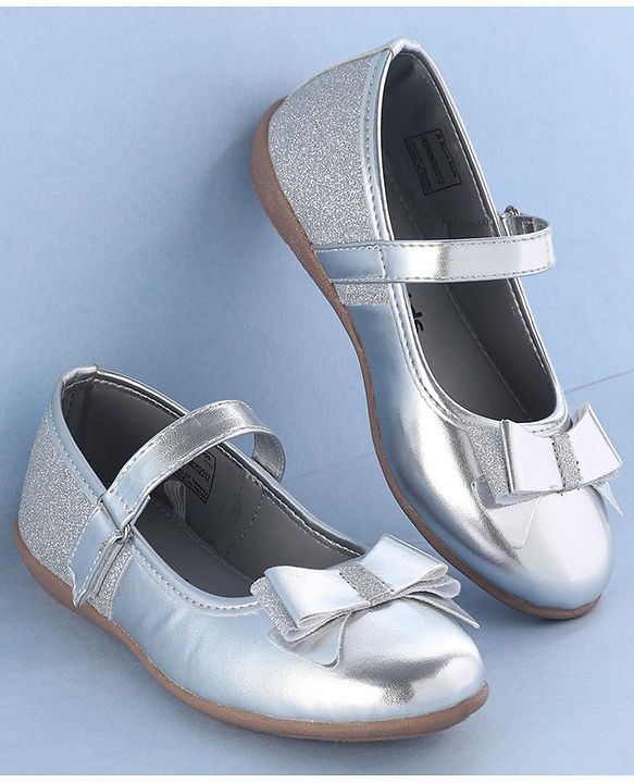 Pine Kids Ballerinas with Velcro Closure & Bow Applique - Silver