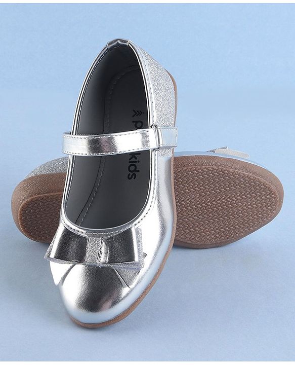 Pine Kids Ballerinas with Velcro Closure & Bow Applique - Silver