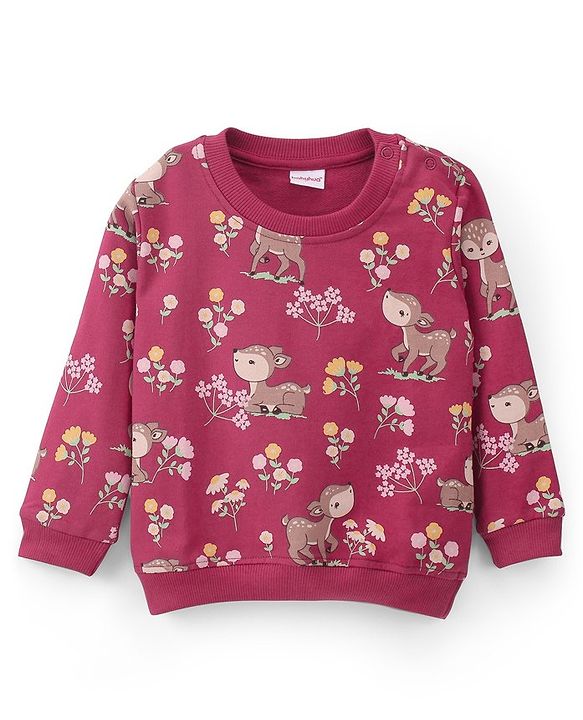 Babyhug 100% Cotton Knit Full Sleeves Sweatshirt With Floral & Deer Graphics Pack Of 2 - Yellow & Maroon