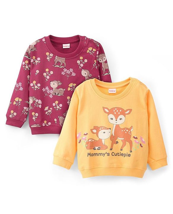 Babyhug 100% Cotton Knit Full Sleeves Sweatshirt With Floral & Deer Graphics Pack Of 2 - Yellow & Maroon