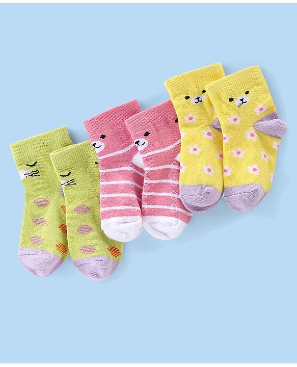 Cute Walk by Babyhug Cotton Knit Anti-Bacterial Ankle Length Floral & Animal Design Socks Pack of 3 - Pink & Yellow